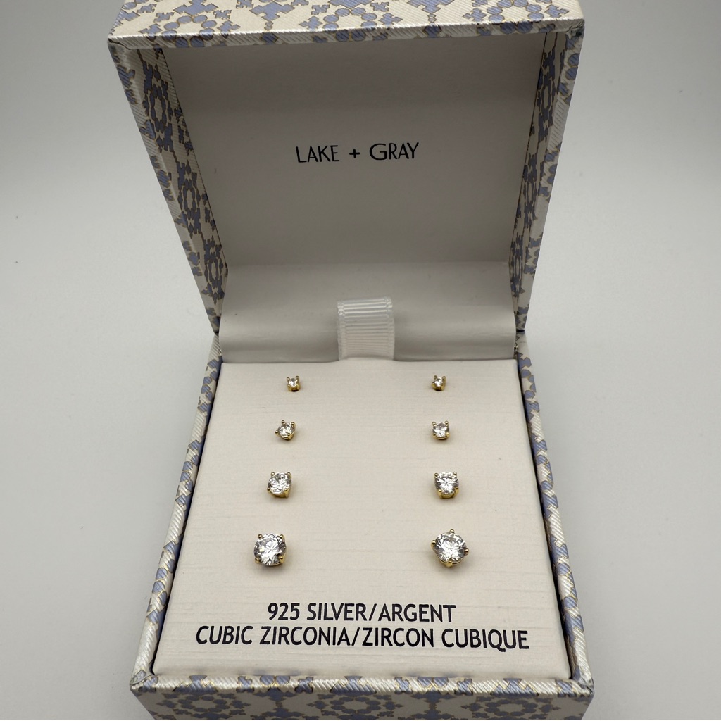 Lake + Gray Sterling Silver Cubic Zirconia 4-Pair Stud Earring Set - New In Box